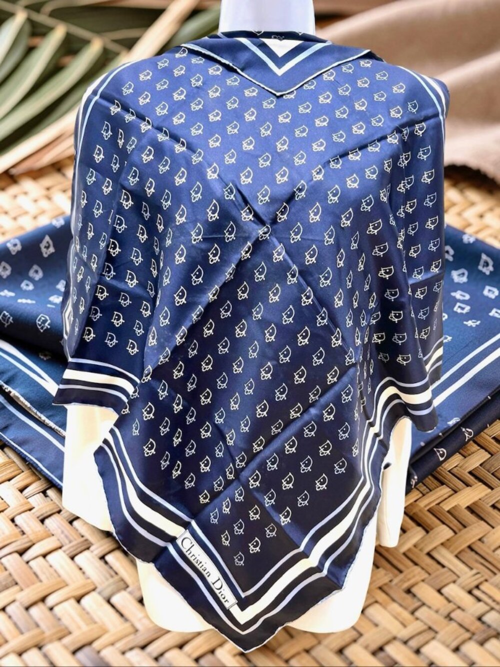 Christian Dior silk Satin  Scarf 26" dark navy blue white striped logo print (42